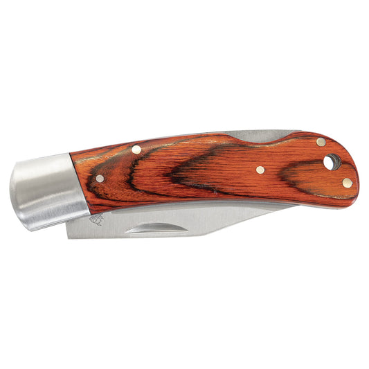 Engraved Bison River Wood Folding Knife with Leather Sheath