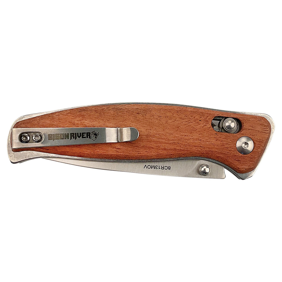 Engraved Bison River Wood Button Lock Folding Knife