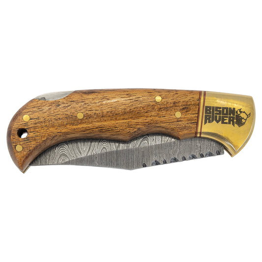 Engraved Bison River Damascus Folding Knife with Wood Handle and Leather Sheath