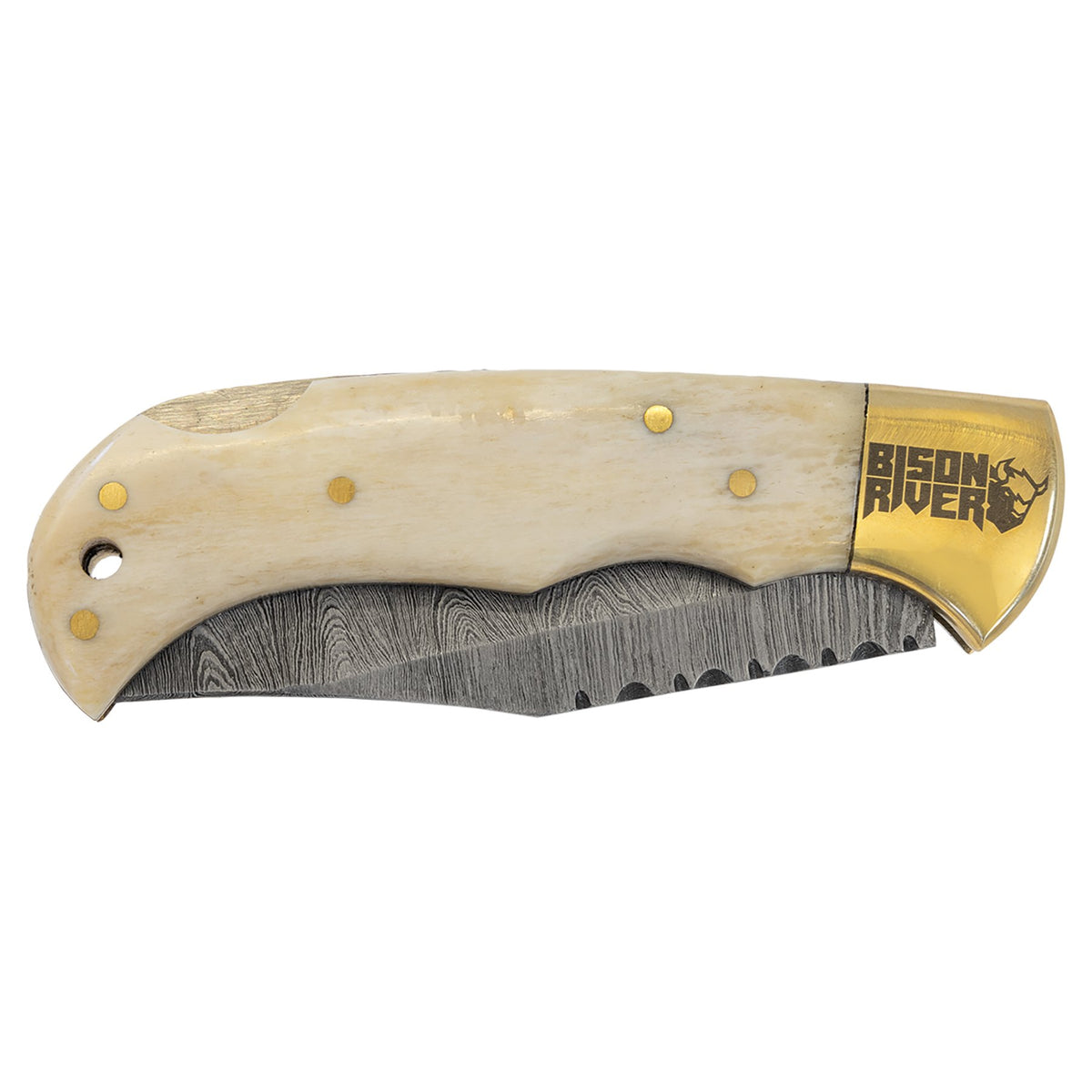 Engraved Bison River Damascus Folding Knife with Bone Handle and Leather Sheath