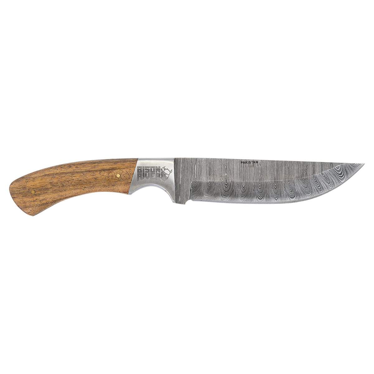 Engraved Bison River Damascus Fixed Blade Knife with Wood Handle and Leather Sheath