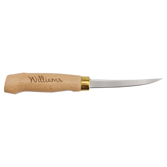 Engraved Bison River Fillet Knife with Wood Handle and Leatherette Sheath - 4 in blade