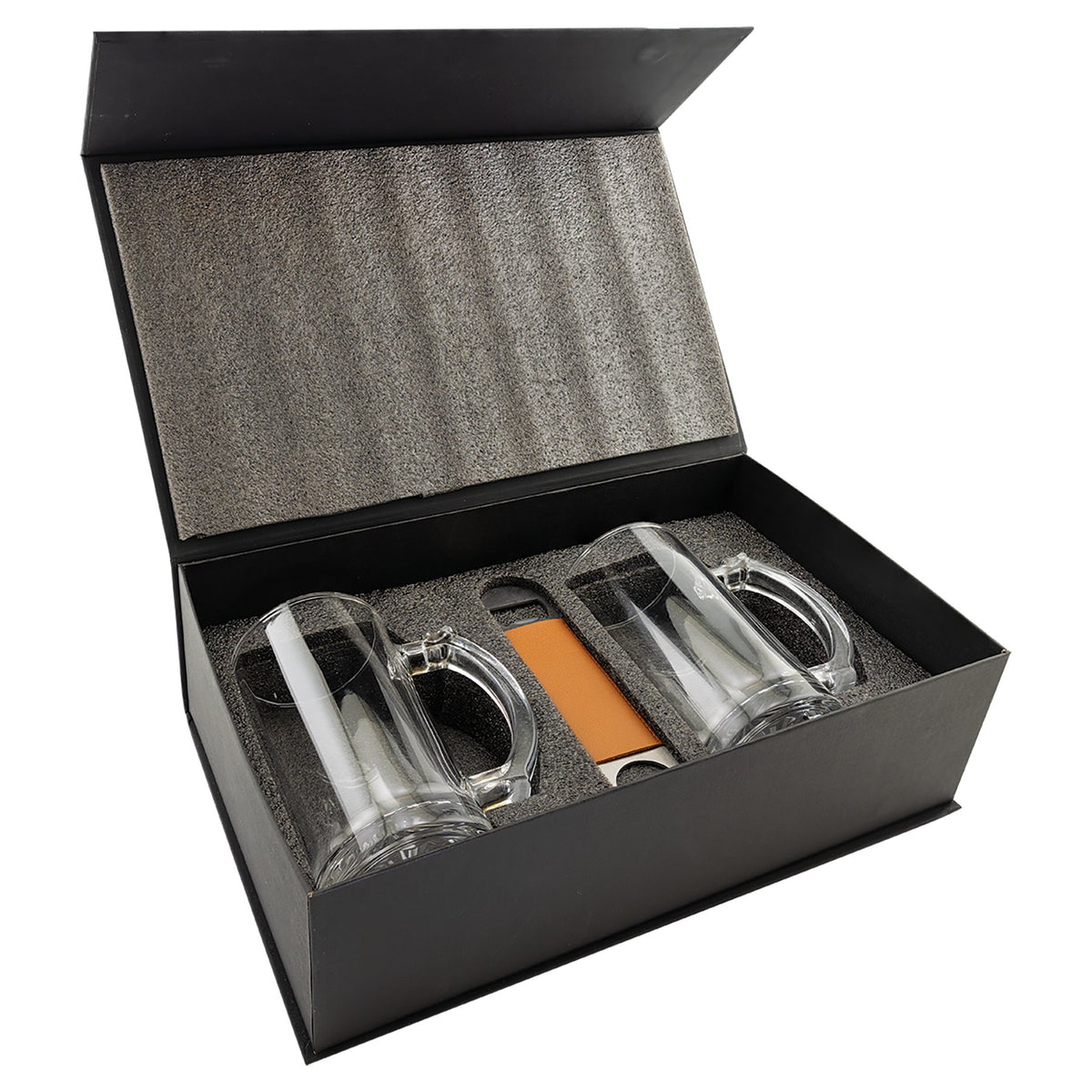 Engraved Lazerburst Beer Set with Two Mugs and One Rawhide Leatherette Bottle Opener