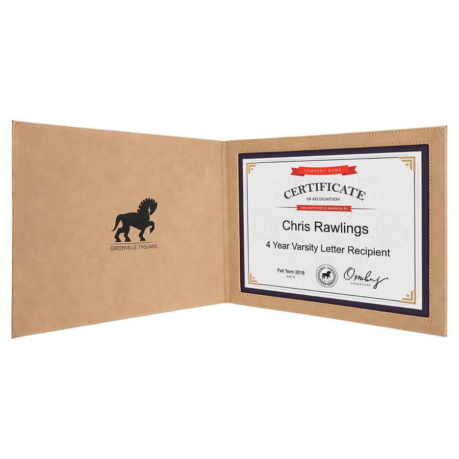 Engraved Leatherette Certificate Holder - Light Brown