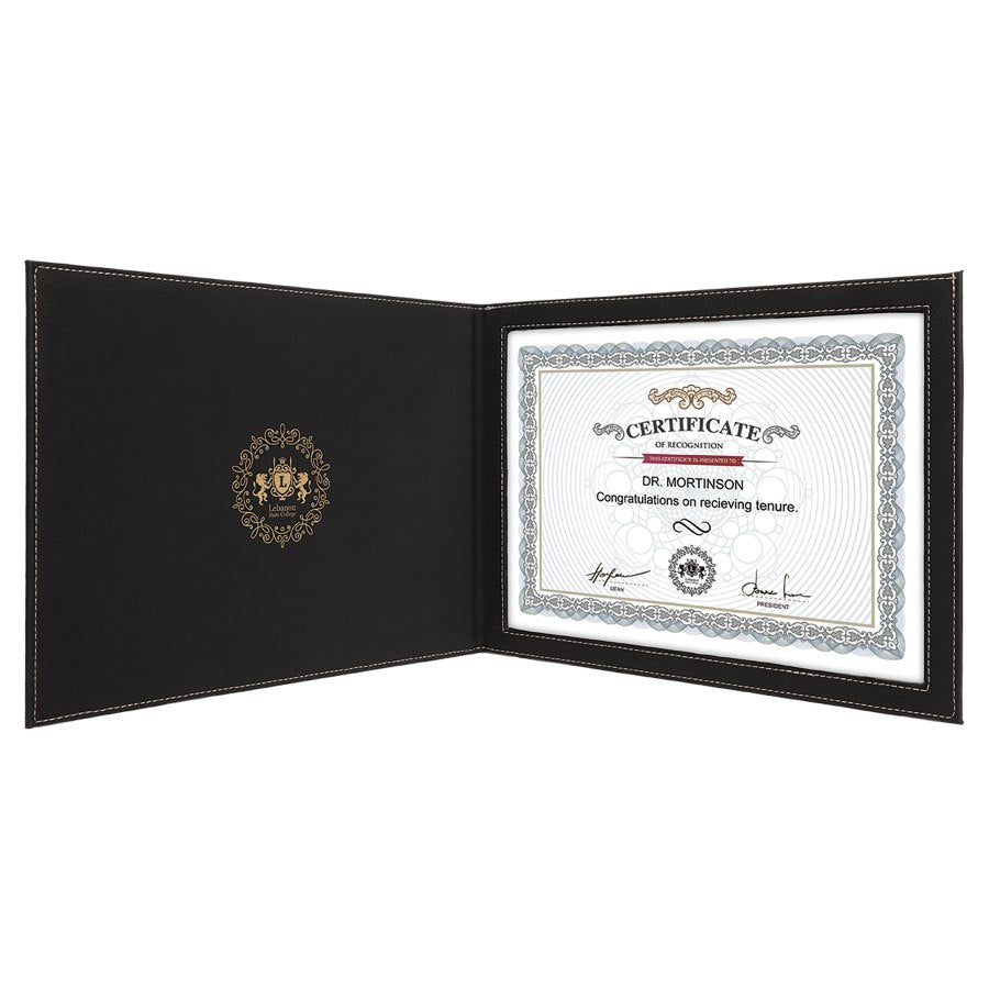 Engraved Leatherette Certificate Holder - Black/Gold