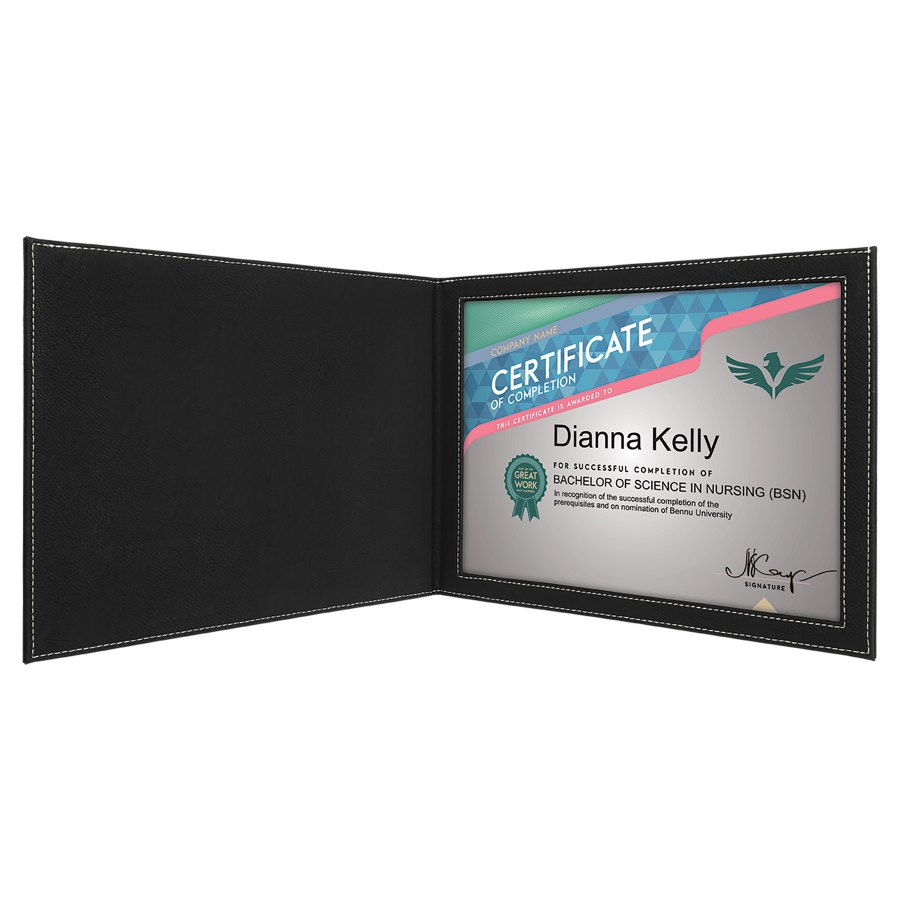 Engraved Leatherette Certificate Holder - Black/Silver