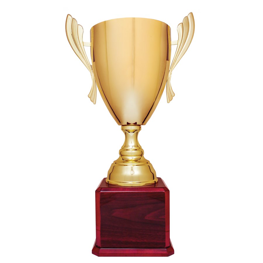 Engraved Metal Cup Trophy on Royal Piano Finish Base - Gold - Rosewood / 24 3/4 in