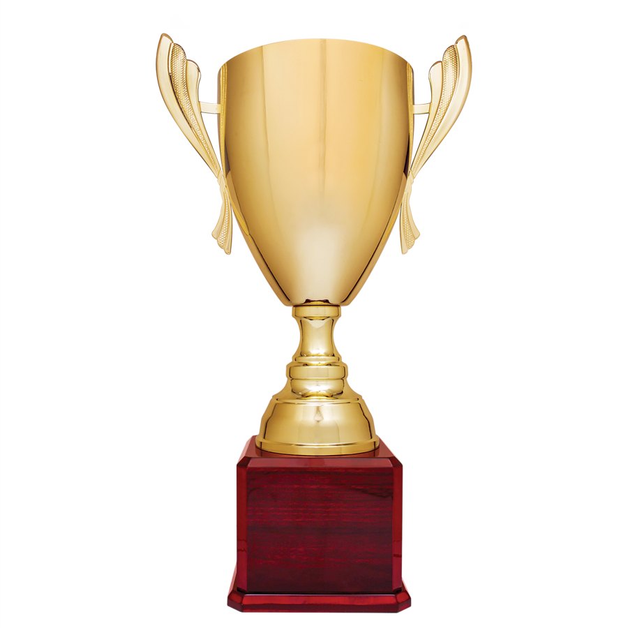 Engraved Metal Cup Trophy on Royal Piano Finish Base - Gold - Rosewood / 26 1/2 in