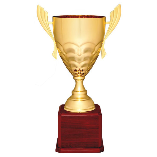Engraved Metal Cup Trophy on Royal Piano Finish Base - Gold - Rosewood / 21 in