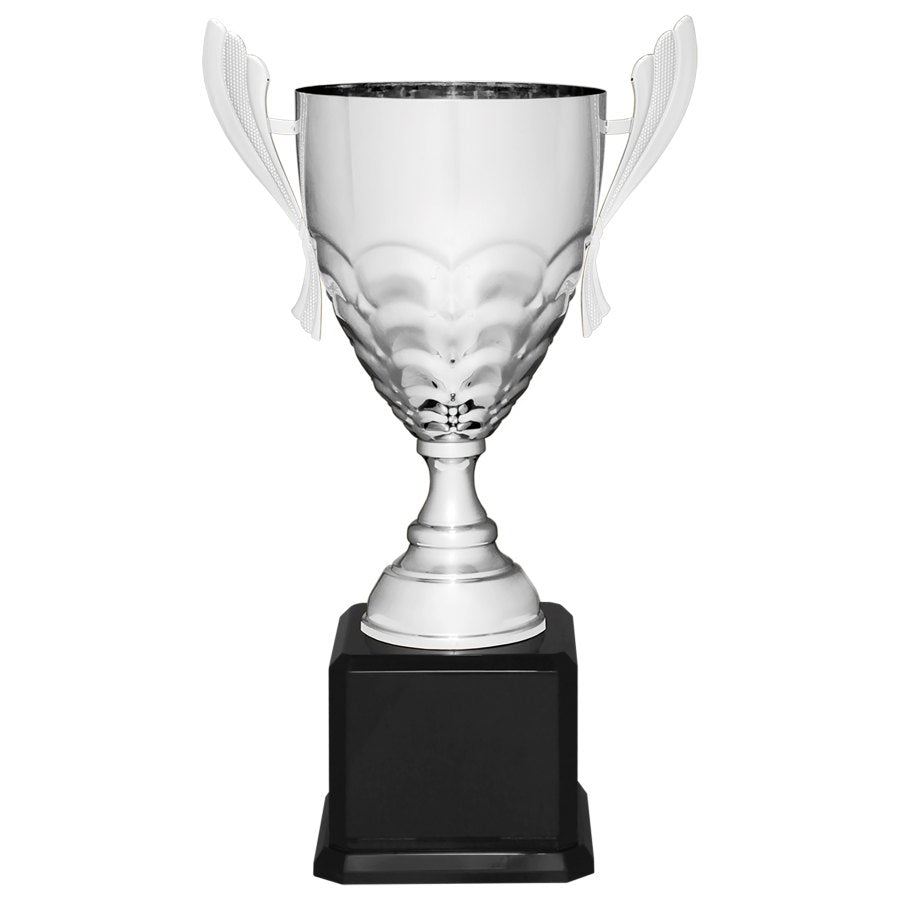 Engraved Metal Cup Trophy on Royal Piano Finish Base - Silver - Black / 21 in