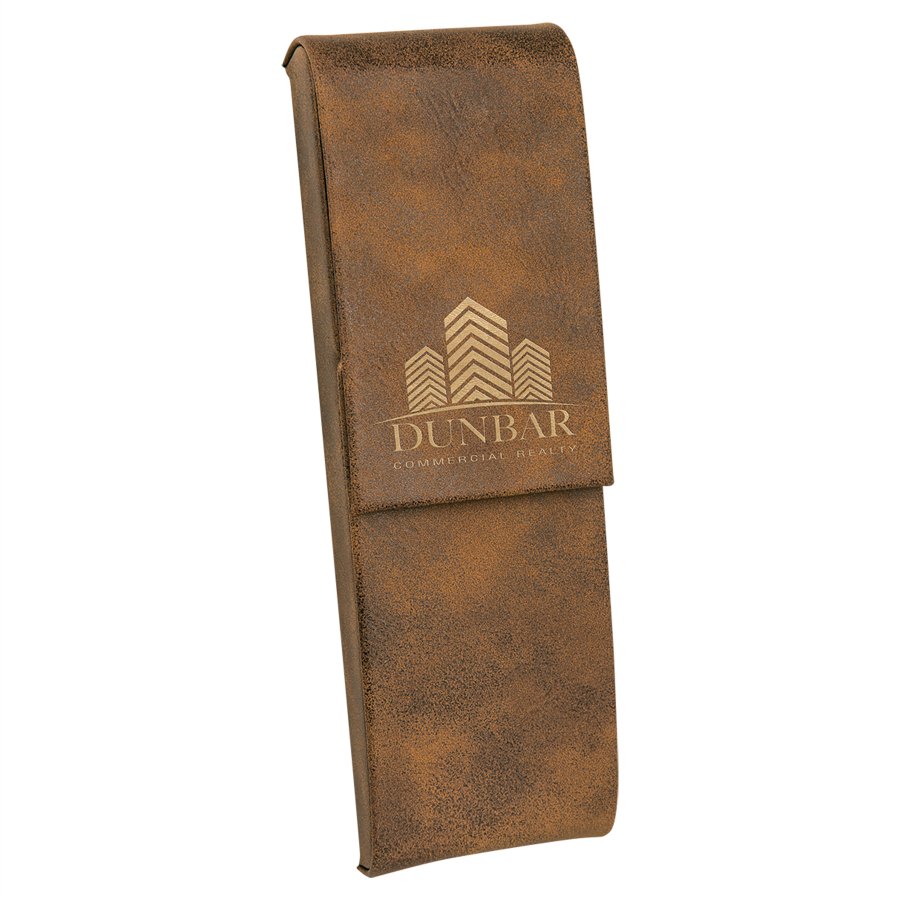 Engraved Leatherette Double Pen Case - Rustic/Gold