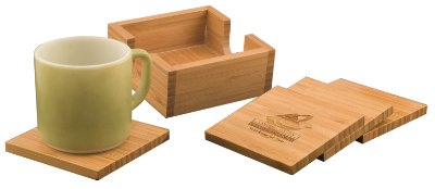 Engraved Bamboo Square 4-Coaster Set with Holder