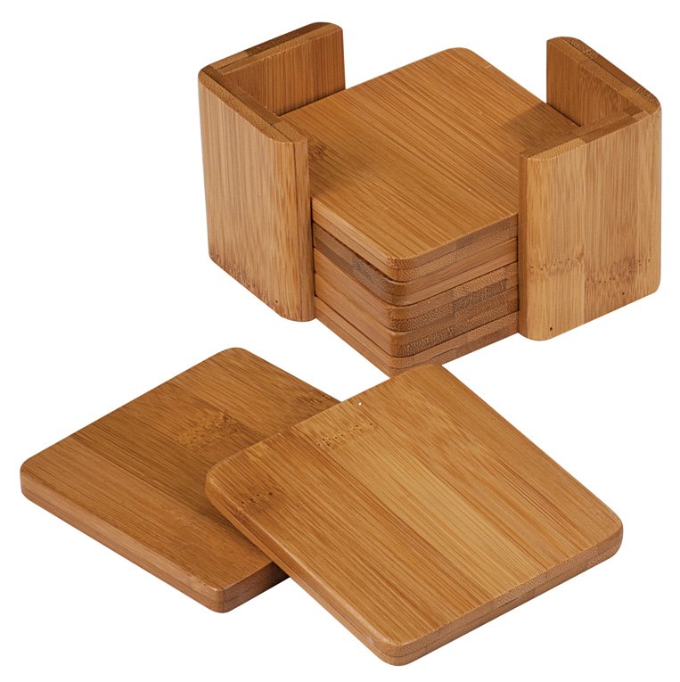 Engraved Bamboo Square 6-Coaster Set with Holder