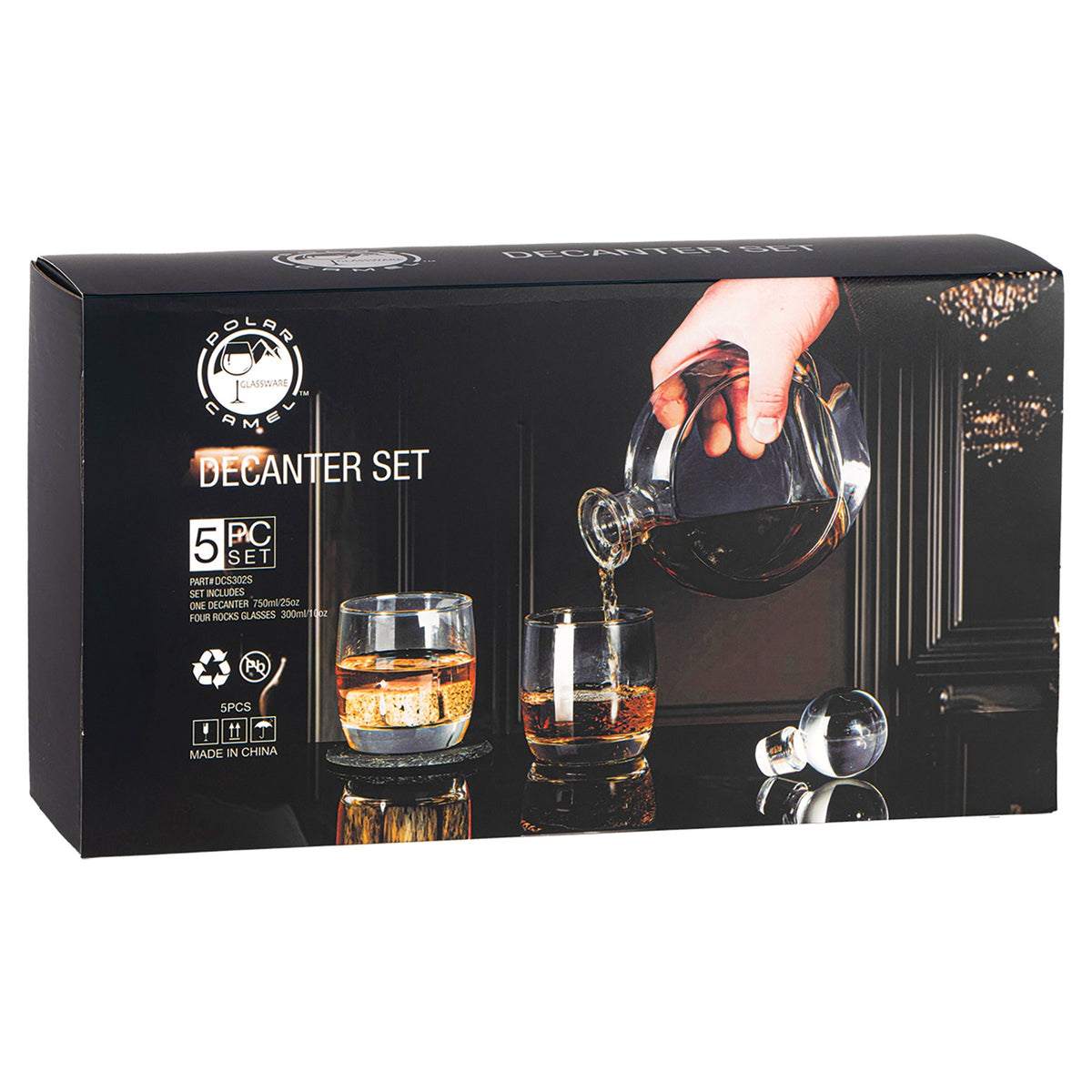 Engraved Polar Camel Glass Decanter Set with Four Glasses in Gift Box - Flat Round (750 mL decanter, 10 oz glasses)
