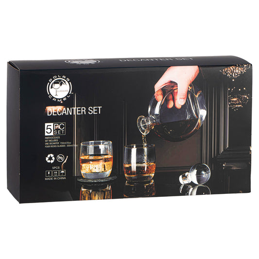 Engraved Polar Camel Glass Decanter Set with Four Glasses in Gift Box - Flat Round (750 mL decanter, 10 oz glasses)