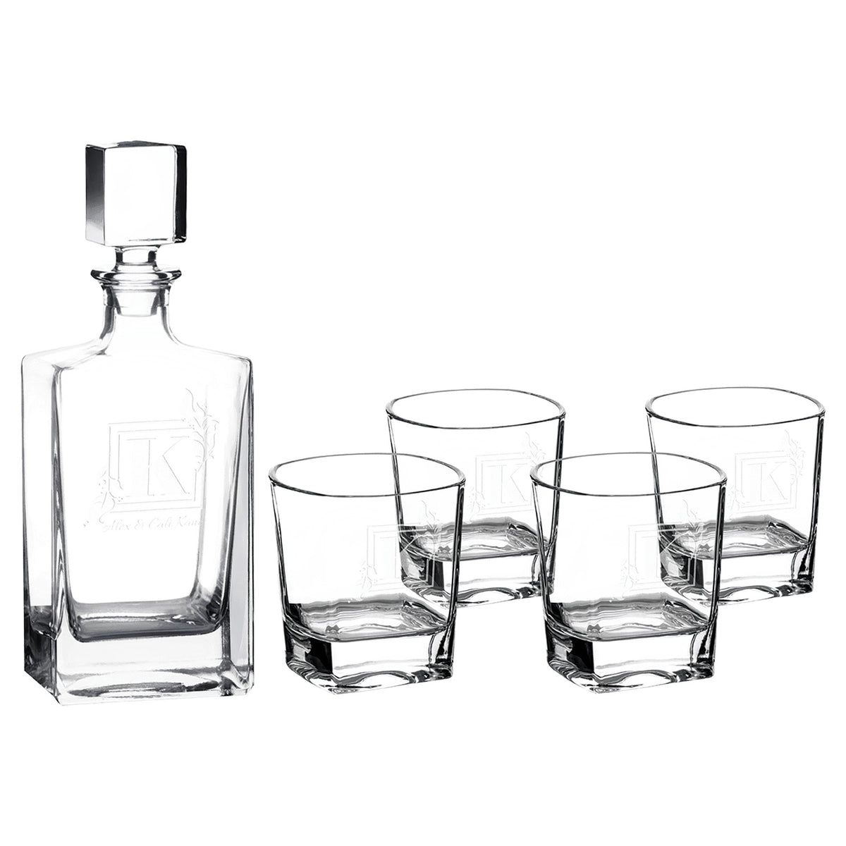Engraved Polar Camel Glass Decanter Set with Four Glasses in Gift Box - Rectangle (810 mL decanter, 8 oz glasses)