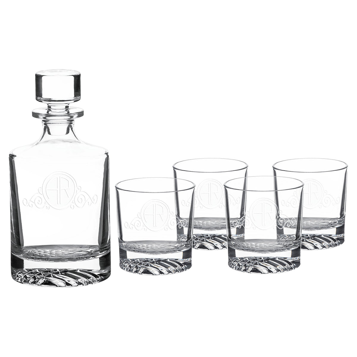 Engraved Polar Camel Glass Decanter Set with Four Glasses in Gift Box - Round (850 mL decanter, 9 oz glasses)