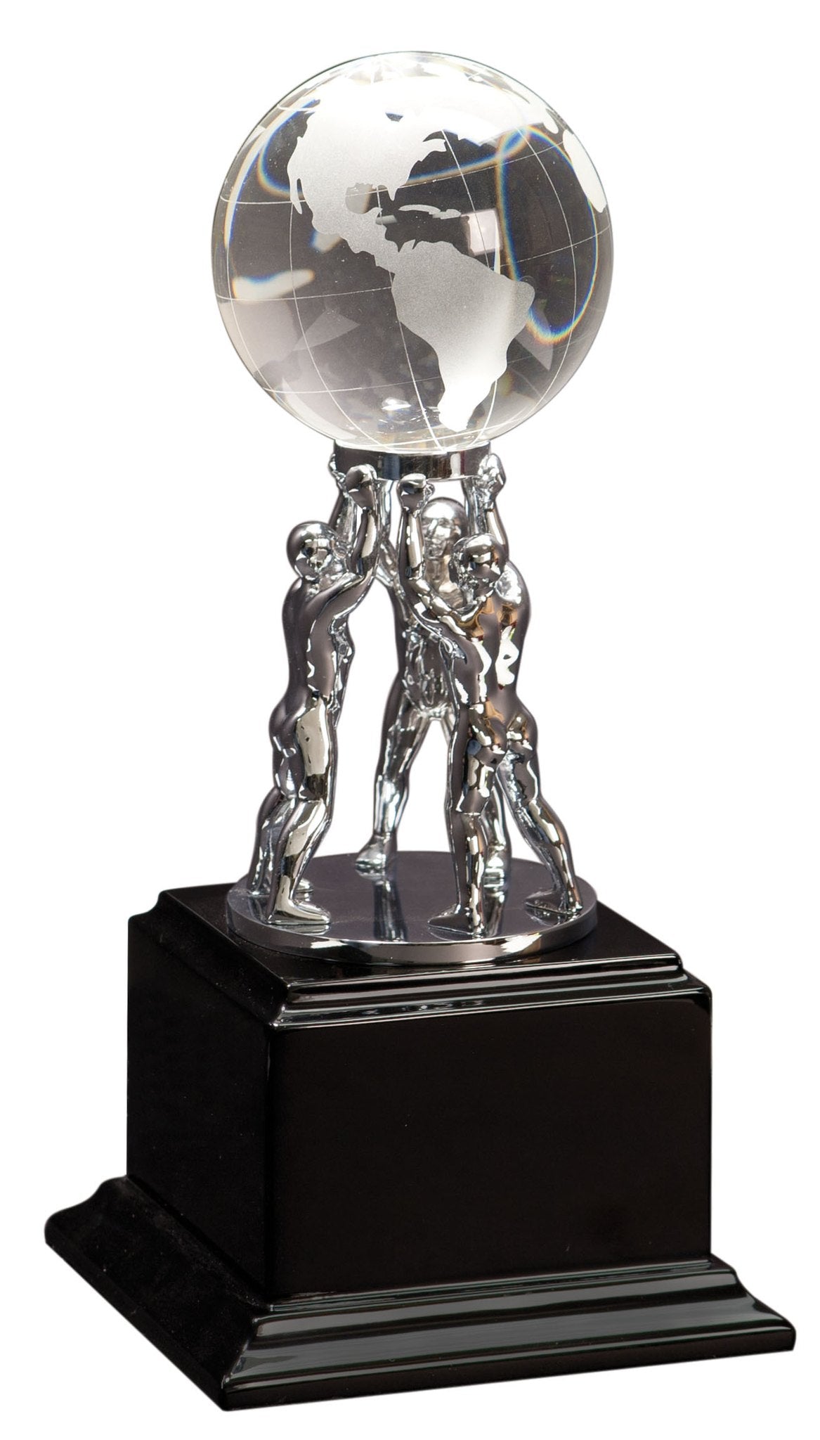 Engraved Clear Crystal Globe with Silver Men and Stand on Black Piano Finish Base