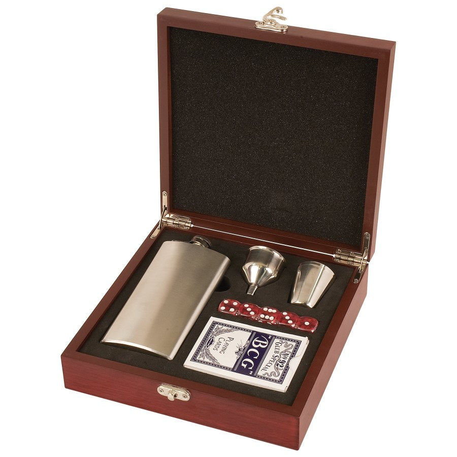 Engraved Rosewood Finish Flask Set
