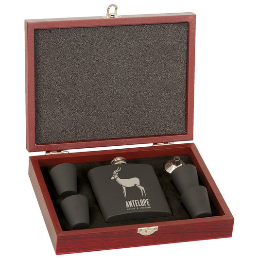 Engraved 6 oz Flask Set with Four Shot Glasses and Funnel in Wood Presentation Box - Matte Black