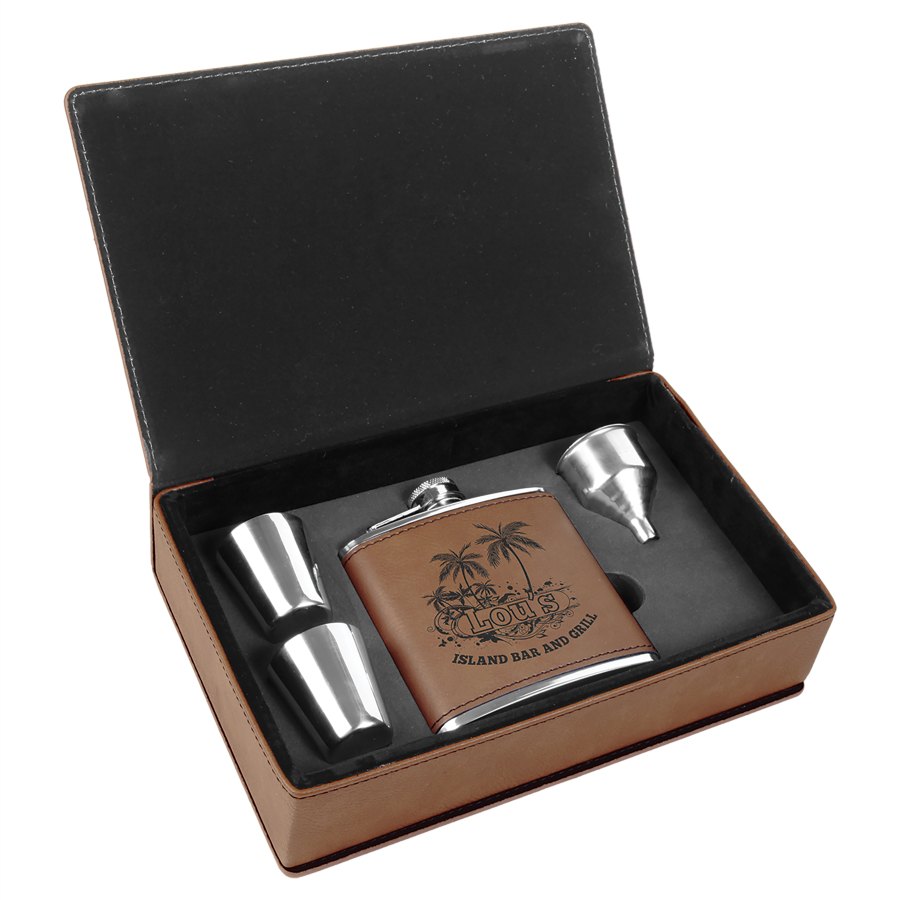 Engraved Leatherette Flask Gift Set - Dark Brown