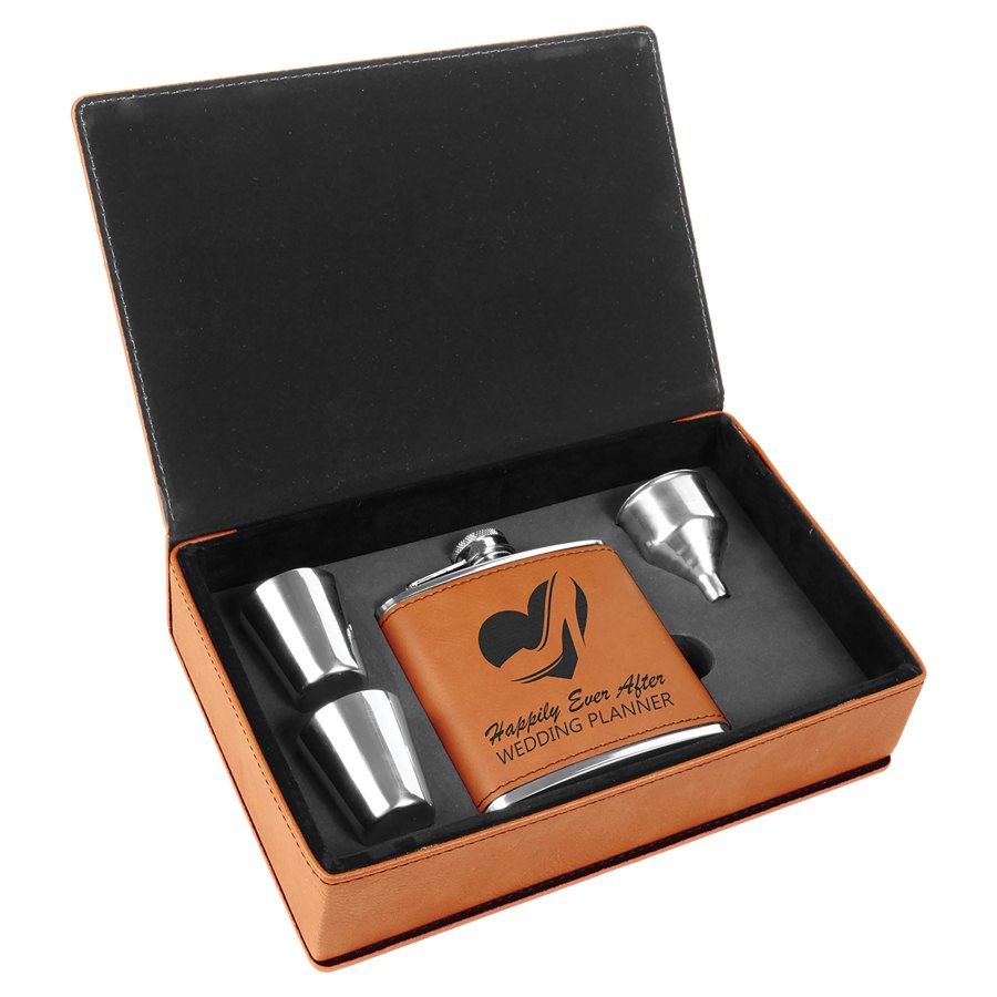 Engraved Leatherette Flask Gift Set - Rawhide