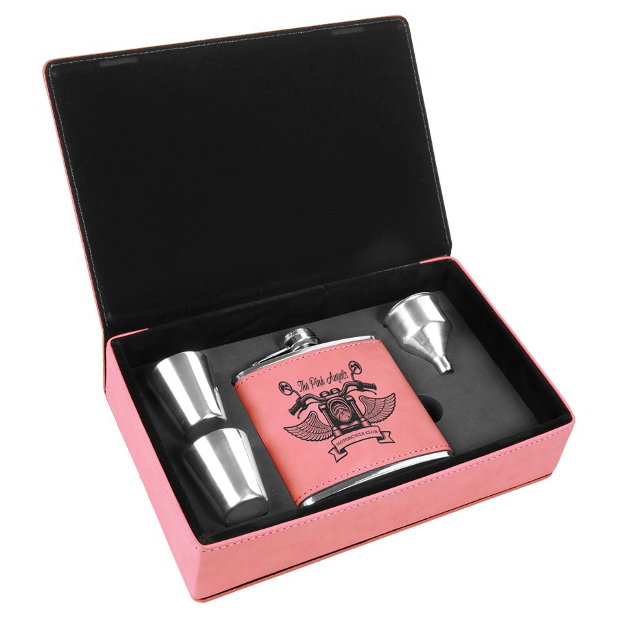 Engraved Leatherette Flask Gift Set - Pink