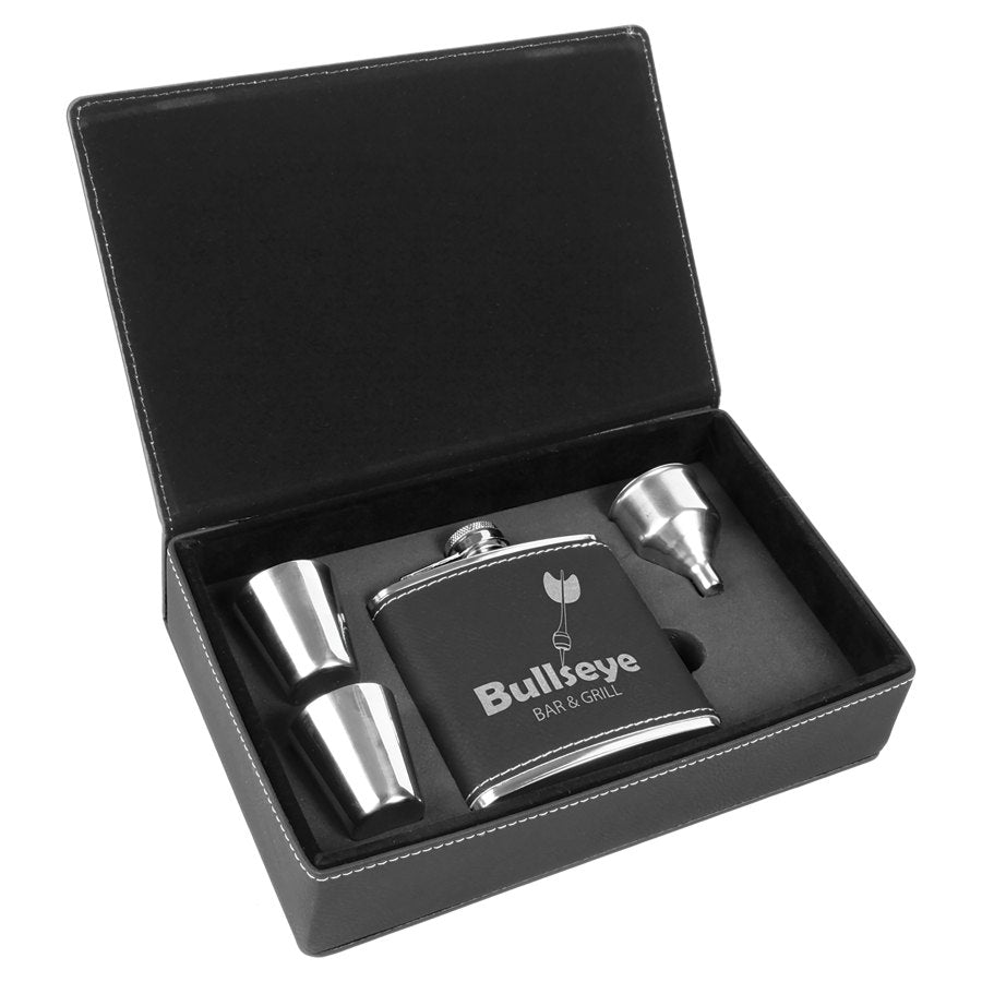 Engraved Leatherette Flask Gift Set - Black/Silver