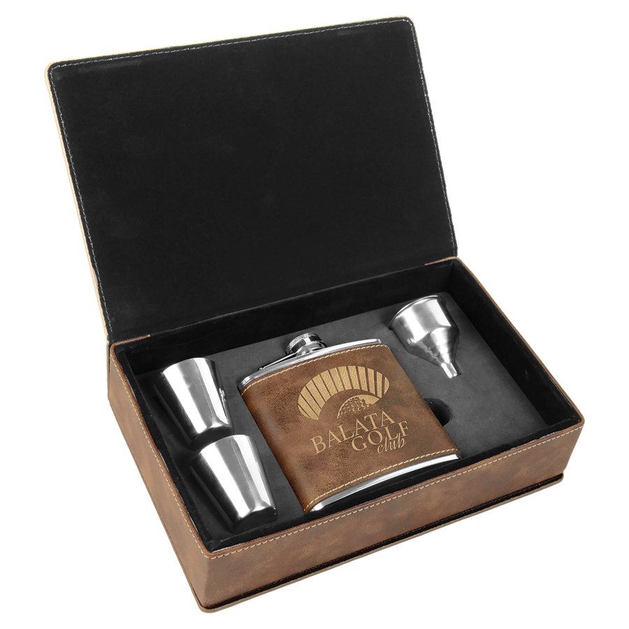 Engraved Leatherette Flask Gift Set - Rustic/Gold