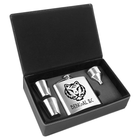 Engraved Stainless Steel Flask Set in Black/Silver Leatherette Box