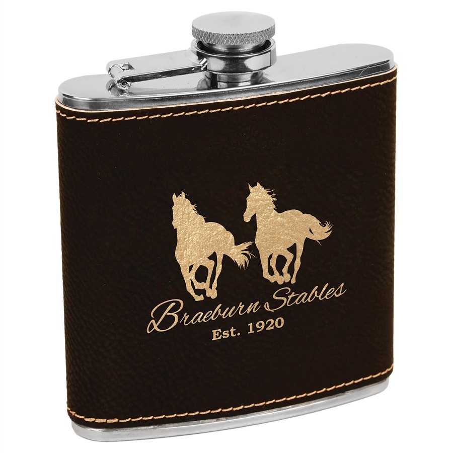 Engraved Leatherette Stainless Steel Flask - Black/Gold