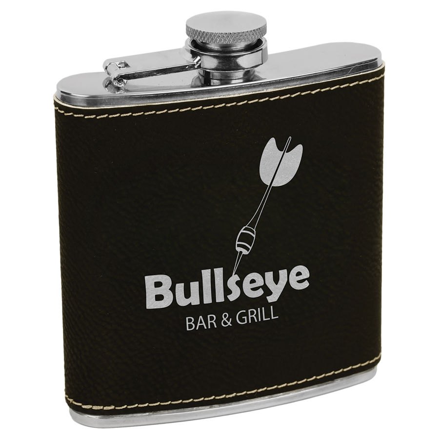 Engraved Leatherette Stainless Steel Flask - Black/Silver