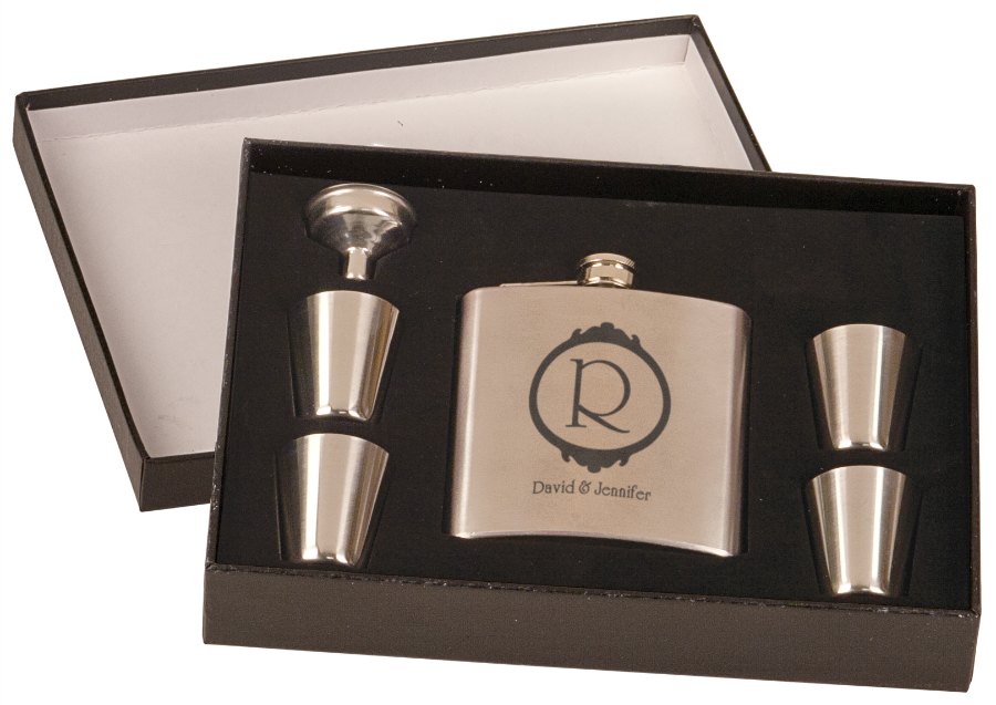 Engraved 6 oz Flask Set with Four Shot Glasses and Funnel in Black Presentation Box - Stainless Steel