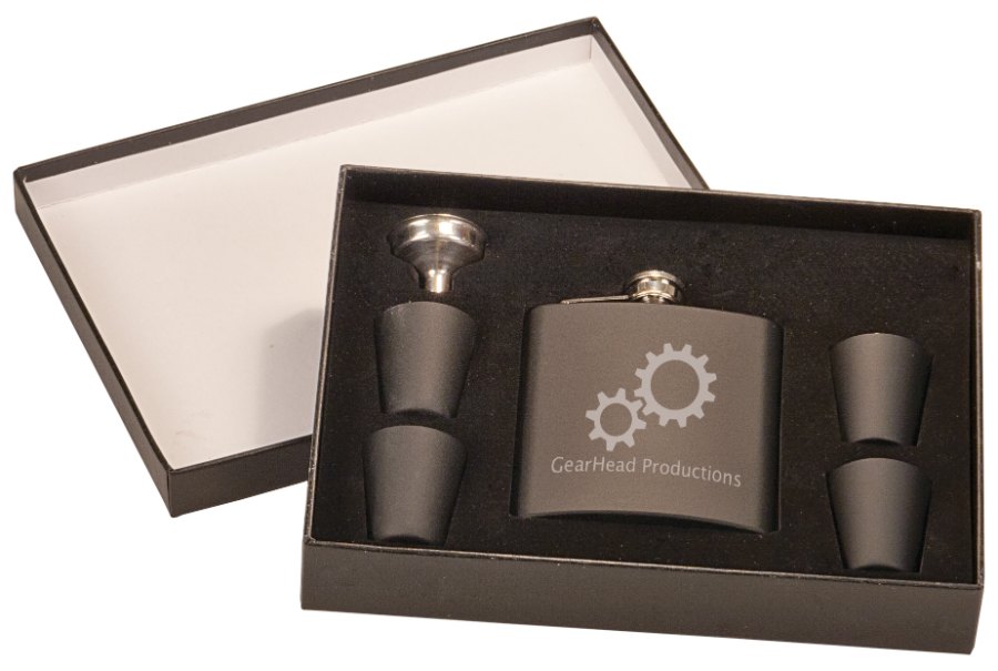 Engraved 6 oz Flask Set with Four Shot Glasses and Funnel in Black Presentation Box - Matte Black