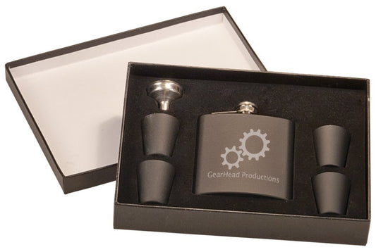 Engraved 6 oz Flask Set with Four Shot Glasses and Funnel in Black Presentation Box - Matte Black