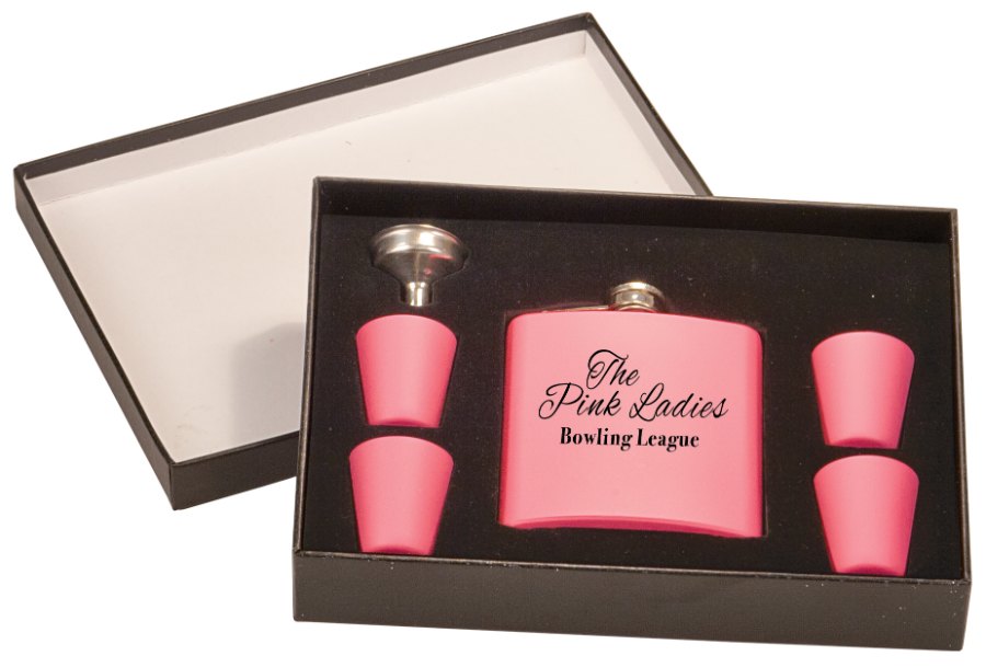 Engraved 6 oz Flask Set with Four Shot Glasses and Funnel in Black Presentation Box - Matte Pink