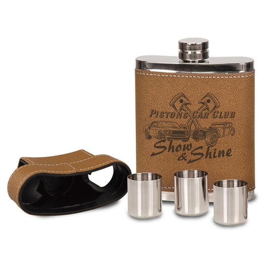 Engraved Brown Leatherette Flask with Lid and 3 Shot Glasses