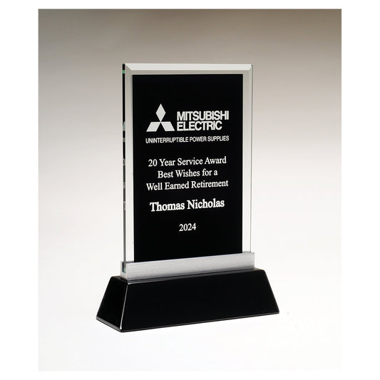 Engraved Rectangular Black Silkscreened Glass Award with Black Piano Finish Base - 5 1/4 x 8 7/8 in