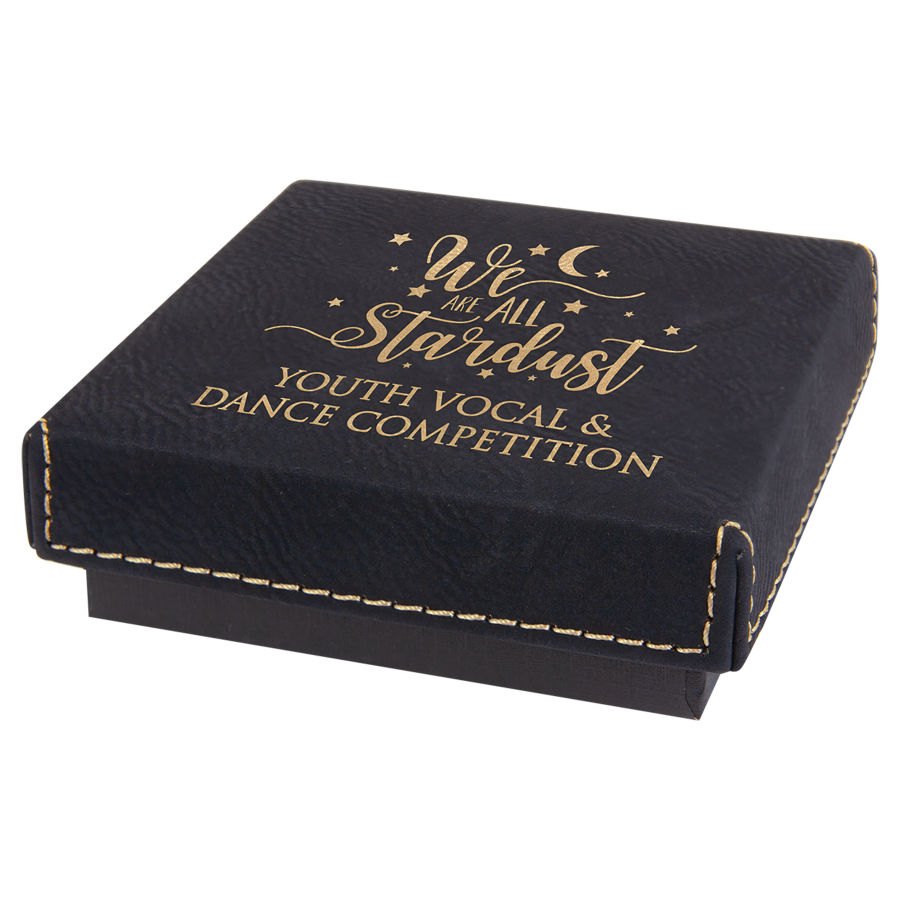Engraved Medal Box with Leatherette Lid - Black/Gold / 3 1/2 x 3 1/2 x 1 in
