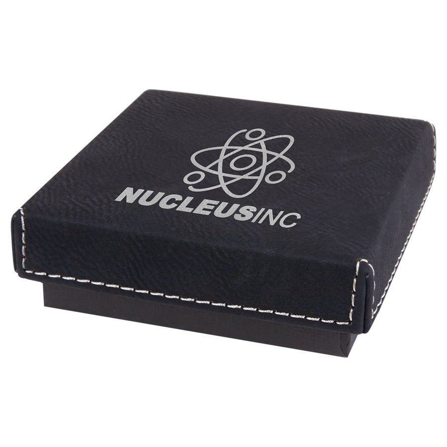 Engraved Medal Box with Leatherette Lid - Black/Silver / 3 1/2 x 3 1/2 x 1 in