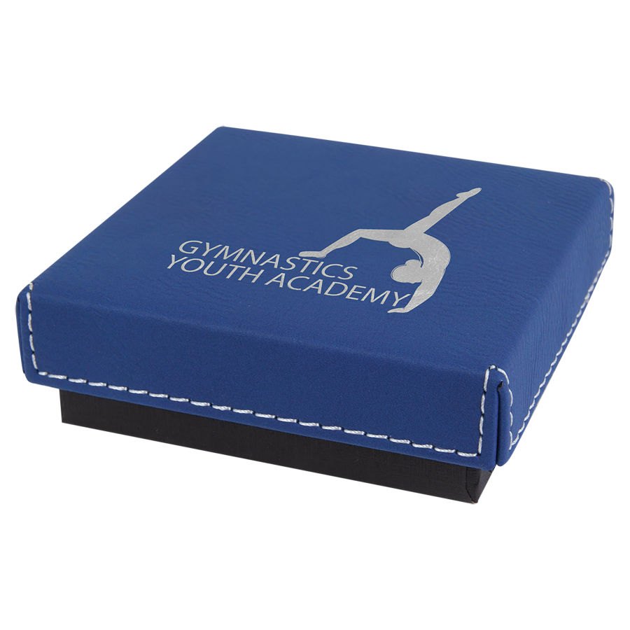 Engraved Medal Box with Leatherette Lid - Blue/Silver / 3 1/2 x 3 1/2 x 1 in