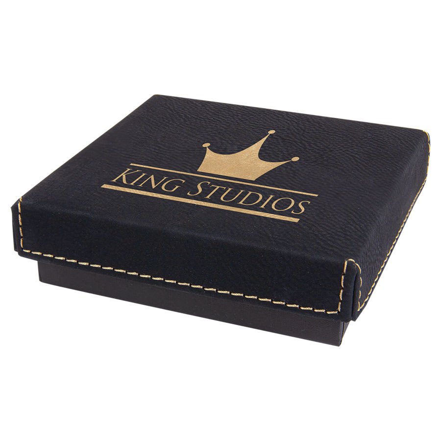 Engraved Medal Box with Leatherette Lid - Black/Gold / 4 x 4 x 1 1/16 in