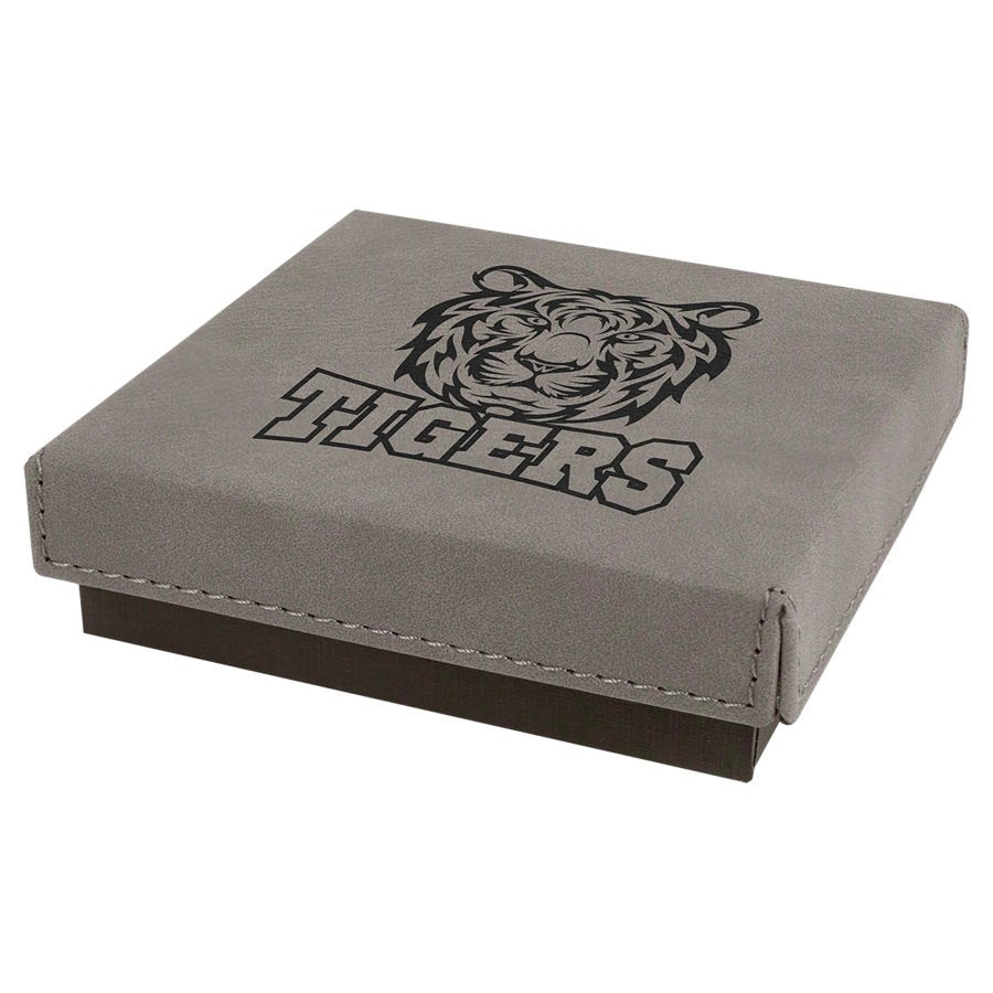 Engraved Medal Box with Leatherette Lid - Gray / 4 x 4 x 1 1/16 in