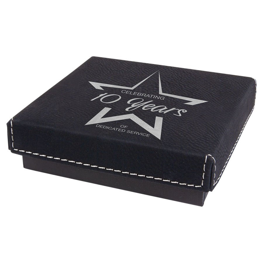 Engraved Medal Box with Leatherette Lid - Black/Silver / 4 x 4 x 1 1/16 in