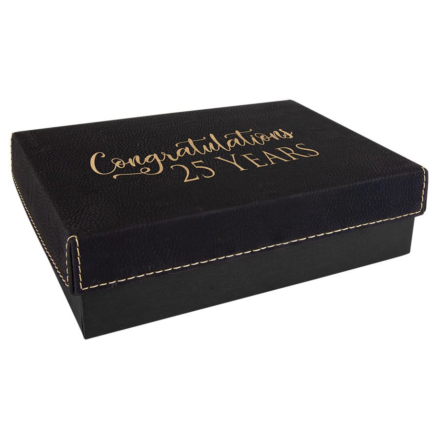 Engraved Gift Box with Leatherette Lid - Black/Gold / 7 3/8 x 5 3/4 x 2 1/4 in