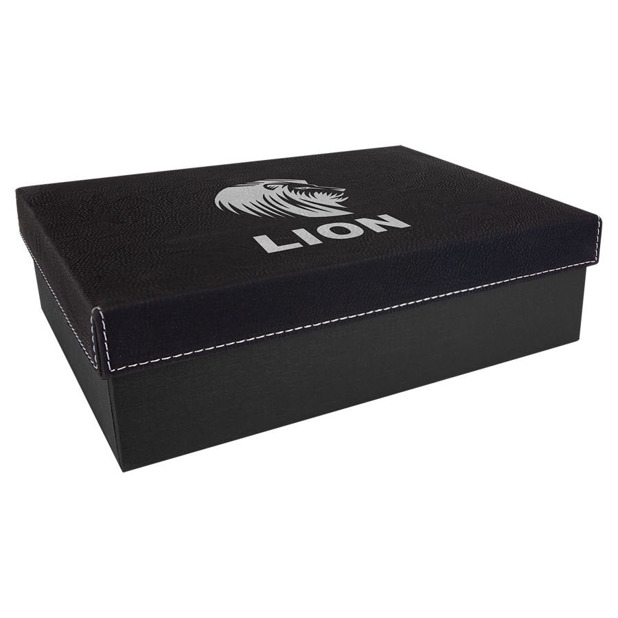 Engraved Gift Box with Leatherette Lid - Black/Silver / 9 7/8 x 7 1/8 x 3 in