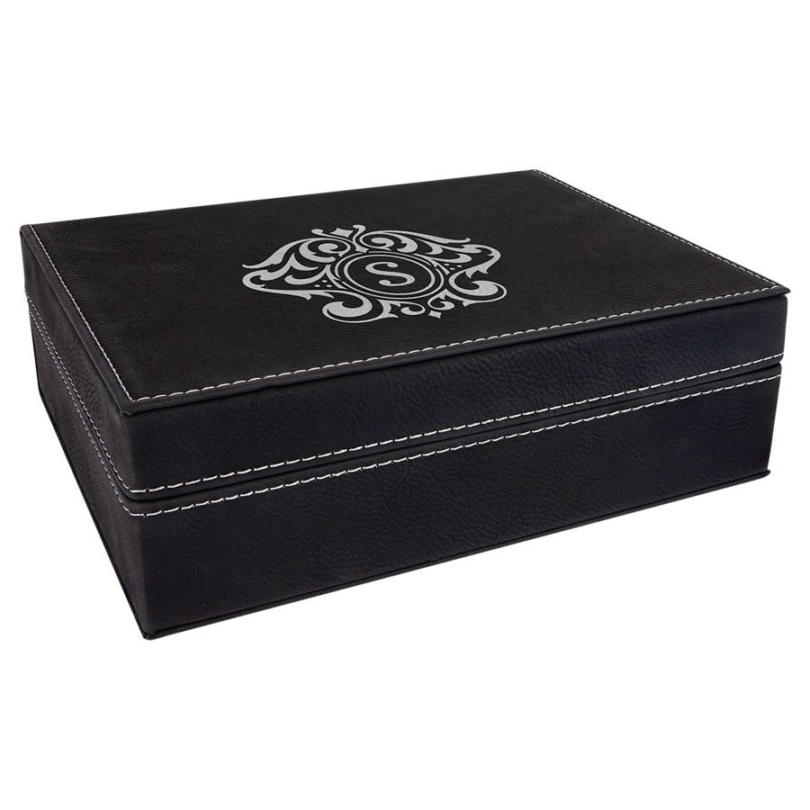 Engraved Leatherette Premium Gift Box - Black/Silver / 8 x 6 3/8 x 2 in