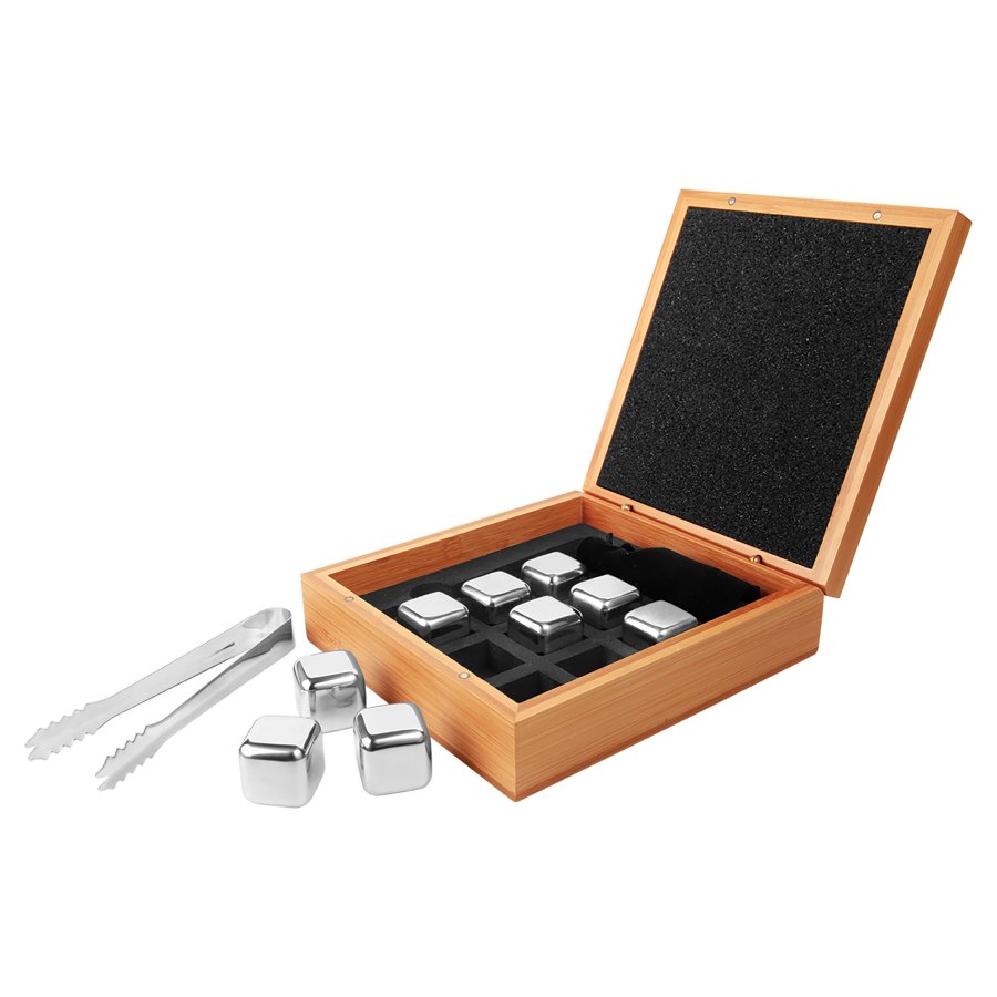 Engraved Stainless Steel Whiskey Stone Set in Bamboo Case