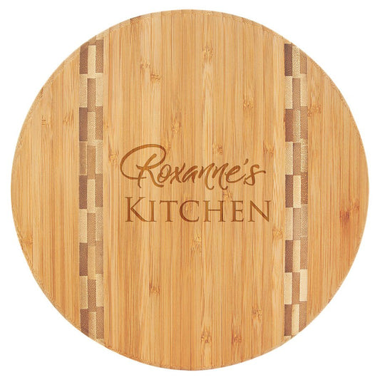 Engraved Round Bamboo Cutting Board with Butcher Block Inlay - 9 3/4 in dia.