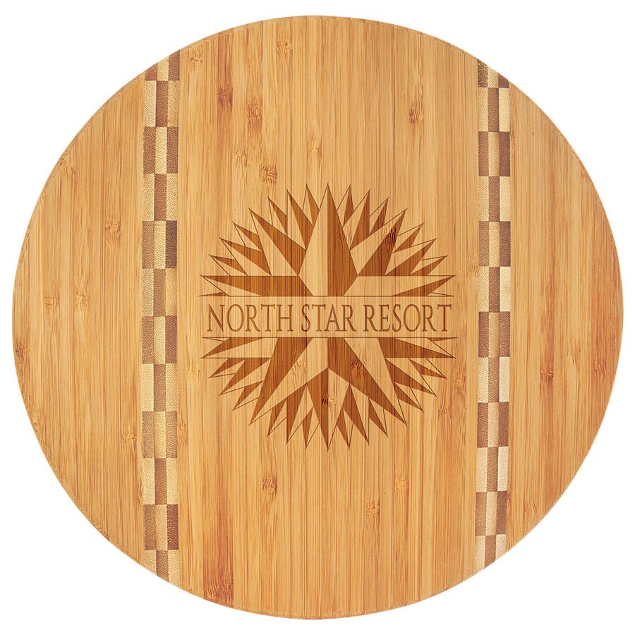 Engraved Round Bamboo Cutting Board with Butcher Block Inlay - 11 3/4 in dia.